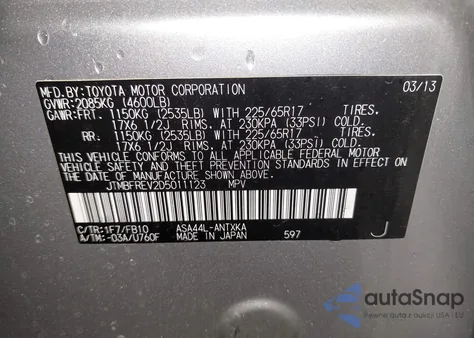 2013 Toyota Rav4 Le из США, поврежденный, VIN JTMBFREV2D5011123